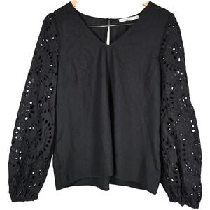 Lush Black Women's V-Neck Top with Lace Sleeves L NWOT‎